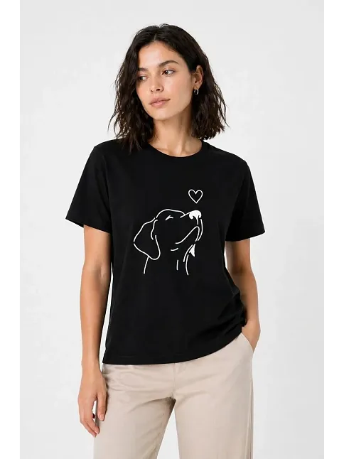 Kadın Köpek Figürlü Minimal Baskılı Tişört Kısa Kol Yazlık T-shirt - Siyah Kadın Köpek Figürlü Minimal Baskılı Tişört Kısa Kol Yazlık T-shirt - Siyah