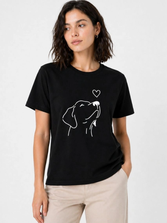 Kadın Köpek Figürlü Minimal Baskılı Tişört Kısa Kol Yazlık T-shirt - Siyah