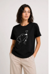 Kadın Köpek Figürlü Minimal Baskılı Tişört Kısa Kol Yazlık T-shirt - Siyah