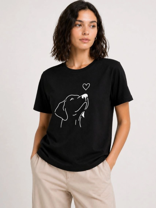 Kadın Köpek Figürlü Minimal Baskılı Tişört Kısa Kol Yazlık T-shirt - Siyah