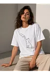 Kadın Minimal Kedi Çizim Baskılı Tişört Kısa Kol Yazlık T-shirt - Beyaz