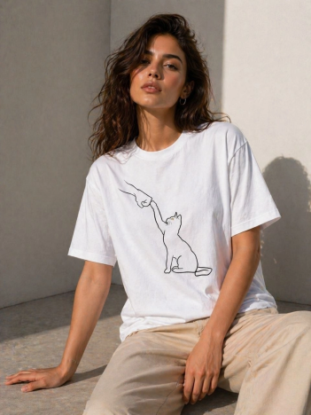 Kadın Minimal Kedi Çizim Baskılı Tişört Kısa Kol Yazlık T-shirt - Beyaz
