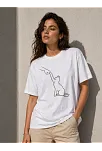 Kadın Minimal Kedi Çizim Baskılı Tişört Kısa Kol Yazlık T-shirt - Beyaz