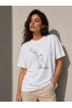 Kadın Minimal Kedi Çizim Baskılı Tişört Kısa Kol Yazlık T-shirt - Beyaz