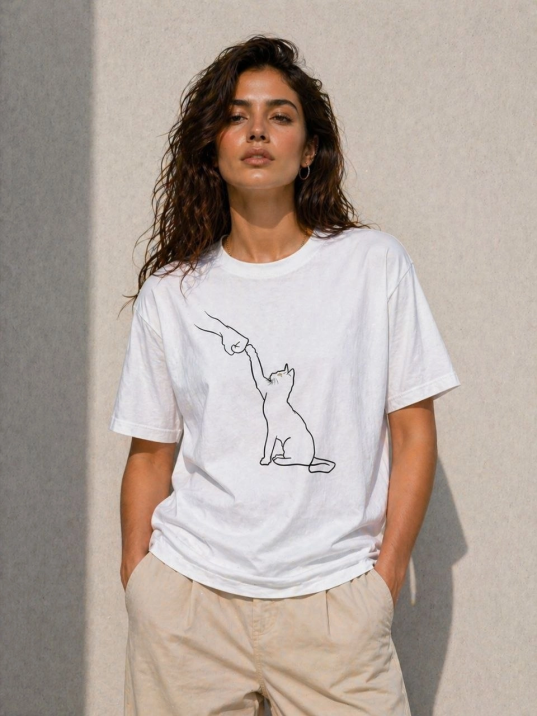 Kadın Minimal Kedi Çizim Baskılı Tişört Kısa Kol Yazlık T-shirt - Beyaz