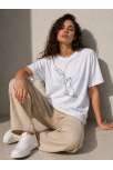 Kadın Minimal Kedi Çizim Baskılı Tişört Kısa Kol Yazlık T-shirt - Beyaz