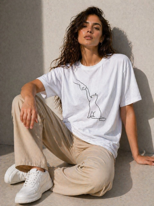 Kadın Minimal Kedi Çizim Baskılı Tişört Kısa Kol Yazlık T-shirt - Beyaz