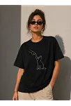 Kadın Minimal Kedi Çizim Baskılı Tişört Kısa Kol Yazlık T-shirt - Siyah