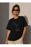 Kadın Minimal Kedi Çizim Baskılı Tişört Kısa Kol Yazlık T-shirt - Siyah