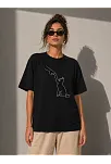 Kadın Minimal Kedi Çizim Baskılı Tişört Kısa Kol Yazlık T-shirt - Siyah