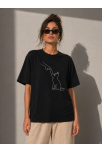 Kadın Minimal Kedi Çizim Baskılı Tişört Kısa Kol Yazlık T-shirt - Siyah
