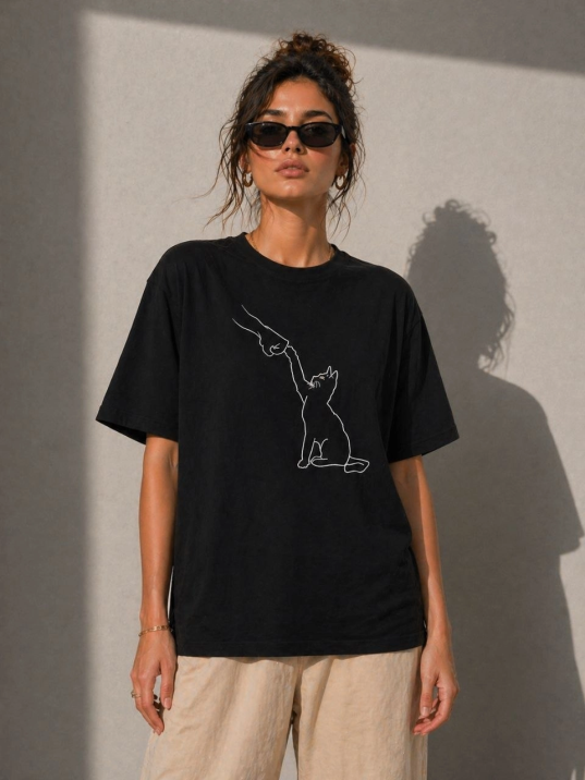 Kadın Minimal Kedi Çizim Baskılı Tişört Kısa Kol Yazlık T-shirt - Siyah