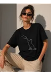 Kadın Minimal Kedi Çizim Baskılı Tişört Kısa Kol Yazlık T-shirt - Siyah
