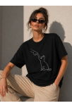 Kadın Minimal Kedi Çizim Baskılı Tişört Kısa Kol Yazlık T-shirt - Siyah