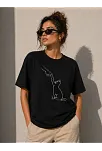 Kadın Minimal Kedi Çizim Baskılı Tişört Kısa Kol Yazlık T-shirt - Siyah