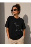 Kadın Minimal Kedi Çizim Baskılı Tişört Kısa Kol Yazlık T-shirt - Siyah