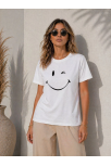 Kadın Minimal Gülümseyen Yüz Baskılı Tişört Kısa Kol Yazlık T-shirt - Beyaz