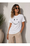 Kadın Minimal Gülümseyen Yüz Baskılı Tişört Kısa Kol Yazlık T-shirt - Beyaz