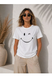 Kadın Minimal Gülümseyen Yüz Baskılı Tişört Kısa Kol Yazlık T-shirt - Beyaz