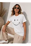 Kadın Minimal Gülümseyen Yüz Baskılı Tişört Kısa Kol Yazlık T-shirt - Beyaz