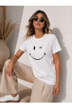 Kadın Minimal Gülümseyen Yüz Baskılı Tişört Kısa Kol Yazlık T-shirt - Beyaz