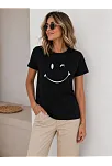 Kadın Minimal Gülümseyen Yüz Baskılı Tişört Kısa Kol Yazlık T-shirt - Siyah