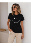 Kadın Minimal Gülümseyen Yüz Baskılı Tişört Kısa Kol Yazlık T-shirt - Siyah