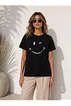 Kadın Minimal Gülümseyen Yüz Baskılı Tişört Kısa Kol Yazlık T-shirt - Siyah