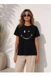 Kadın Minimal Gülümseyen Yüz Baskılı Tişört Kısa Kol Yazlık T-shirt - Siyah