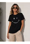 Kadın Minimal Gülümseyen Yüz Baskılı Tişört Kısa Kol Yazlık T-shirt - Siyah