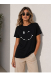 Kadın Minimal Gülümseyen Yüz Baskılı Tişört Kısa Kol Yazlık T-shirt - Siyah
