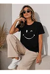 Kadın Minimal Gülümseyen Yüz Baskılı Tişört Kısa Kol Yazlık T-shirt - Siyah