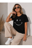 Kadın Minimal Gülümseyen Yüz Baskılı Tişört Kısa Kol Yazlık T-shirt - Siyah