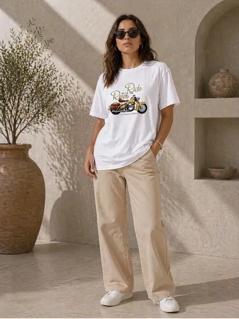 Kadın Motosiklet Baskılı Tişört Bisiklet Yaka Kısa Kol Yazlık T-shirt - Beyaz