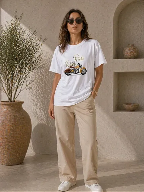 Kadın Motosiklet Baskılı Tişört Bisiklet Yaka Kısa Kol Yazlık T-shirt - Beyaz