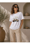 Kadın Motosiklet Baskılı Tişört Bisiklet Yaka Kısa Kol Yazlık T-shirt - Beyaz