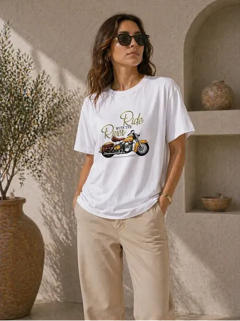 Kadın Motosiklet Baskılı Tişört Bisiklet Yaka Kısa Kol Yazlık T-shirt - Beyaz