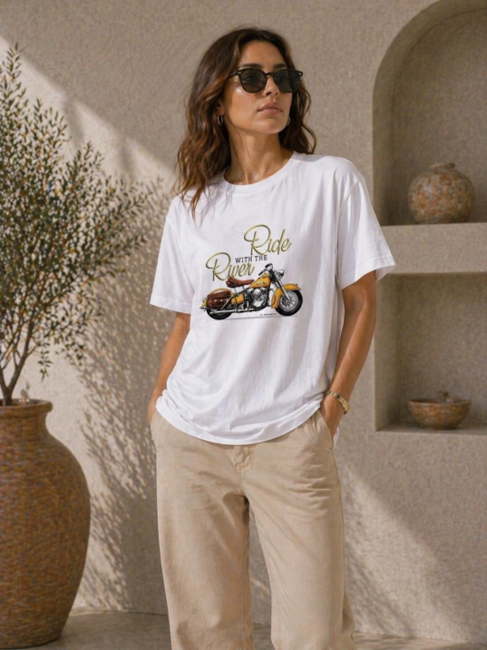 Kadın Motosiklet Baskılı Tişört Bisiklet Yaka Kısa Kol Yazlık T-shirt - Beyaz
