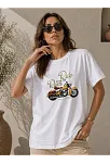 Kadın Motosiklet Baskılı Tişört Bisiklet Yaka Kısa Kol Yazlık T-shirt - Beyaz