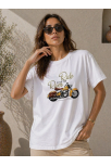Kadın Motosiklet Baskılı Tişört Bisiklet Yaka Kısa Kol Yazlık T-shirt - Beyaz