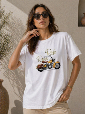 Kadın Motosiklet Baskılı Tişört Bisiklet Yaka Kısa Kol Yazlık T-shirt - Beyaz