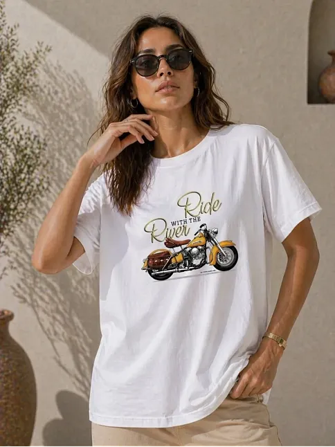 Kadın Motosiklet Baskılı Tişört Bisiklet Yaka Kısa Kol Yazlık T-shirt - Beyaz
