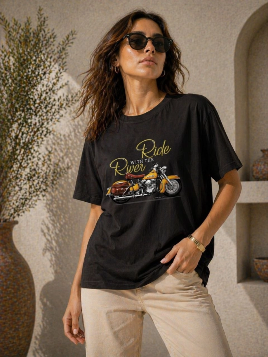 Kadın Motosiklet Baskılı Tişört Bisiklet Yaka Kısa Kol Yazlık T-shirt - Siyah