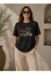 Kadın Motosiklet Baskılı Tişört Bisiklet Yaka Kısa Kol Yazlık T-shirt - Siyah