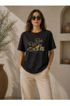 Kadın Motosiklet Baskılı Tişört Bisiklet Yaka Kısa Kol Yazlık T-shirt - Siyah