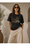 Kadın Motosiklet Baskılı Tişört Bisiklet Yaka Kısa Kol Yazlık T-shirt - Siyah