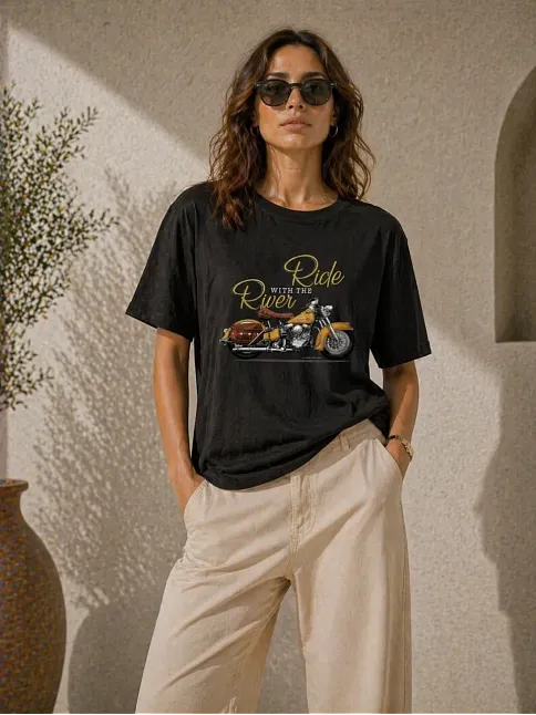 Kadın Motosiklet Baskılı Tişört Bisiklet Yaka Kısa Kol Yazlık T-shirt - Siyah