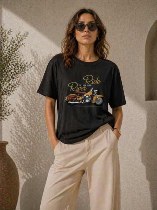 Kadın Motosiklet Baskılı Tişört Bisiklet Yaka Kısa Kol Yazlık T-shirt - Siyah