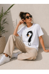 Kadın Kuğu Figürlü Soru İşareti Baskılı Tişört Kısa Kol T-shirt - Beyaz