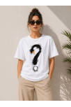 Kadın Kuğu Figürlü Soru İşareti Baskılı Tişört Kısa Kol T-shirt - Beyaz